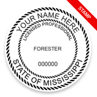 This professional forester stamp for the state of Mississippi adheres to state regulations and provides top quality impressions. Orders over $100 ship free.