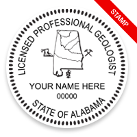 This professional geologist stamp for the state of Alabama adheres to state regulations and provides top quality impressions. Orders over $100 ship free.