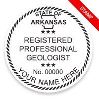 This professional geologist stamp for the state of Arkansas adheres to state regulations and provides top quality impressions. Orders over $100 ship free.