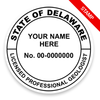 This professional geologist stamp for the state of Delaware adheres to state regulations and provides top quality impressions. Orders over $100 ship free.