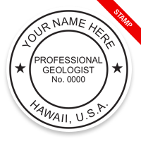 This professional geologist stamp for the state of Hawaii adheres to state regulations and provides top quality impressions. Orders over $100 ship free.