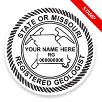 This professional geologist stamp for the state of Missouri adheres to state regulations and provides top quality impressions. Orders over $100 ship free!