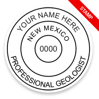 This professional geologist stamp for the state of New Mexico adheres to state regulations and provides top quality impressions. Orders over $100 ship free.