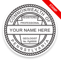 This professional geologist stamp for the state of Pennsylvania adheres to state regulations and provides top quality impressions. Orders over $100 ship free.