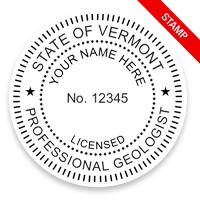 This professional geologist stamp for the state of Vermont adheres to state regulations and provides top quality impressions. Orders over $100 ship free.