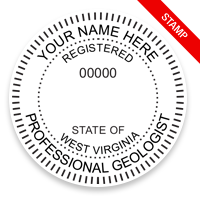 This professional geologist stamp for the state of West Virginia adheres to state regulations and provides top quality impressions. Orders over $100 ship free.