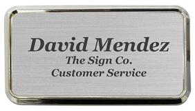 1-1/2" x 3" Engraved Plastic Name Badge w/ Frame can be customized up to 5 lines w/ 26 color combos. Gold, silver or black frame. Orders over $100 ship free!