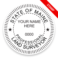 This professional land surveyor stamp for the state of Maine adheres to state regulations and provides top quality impressions. Orders over $75 ship free.