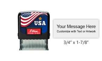 Customize this 3/4" x 1-7/8" quality USA flag stamp with up to 4 lines of text in your choice of 11 ink colors! Great size for labels. Orders over $75 ship free!