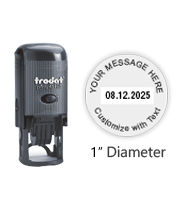 This round self-inking 1" date stamp with up to 2 lines of text is best for simple and minimal text. Available in 11 different ink colors. Refillable.