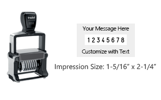 Customize this self-inking 8 band Trodat numberer with 2 lines of text. Number size is 3/16" and custom area is 1-5/16" x 2-1/4". Orders over $100 ship free!