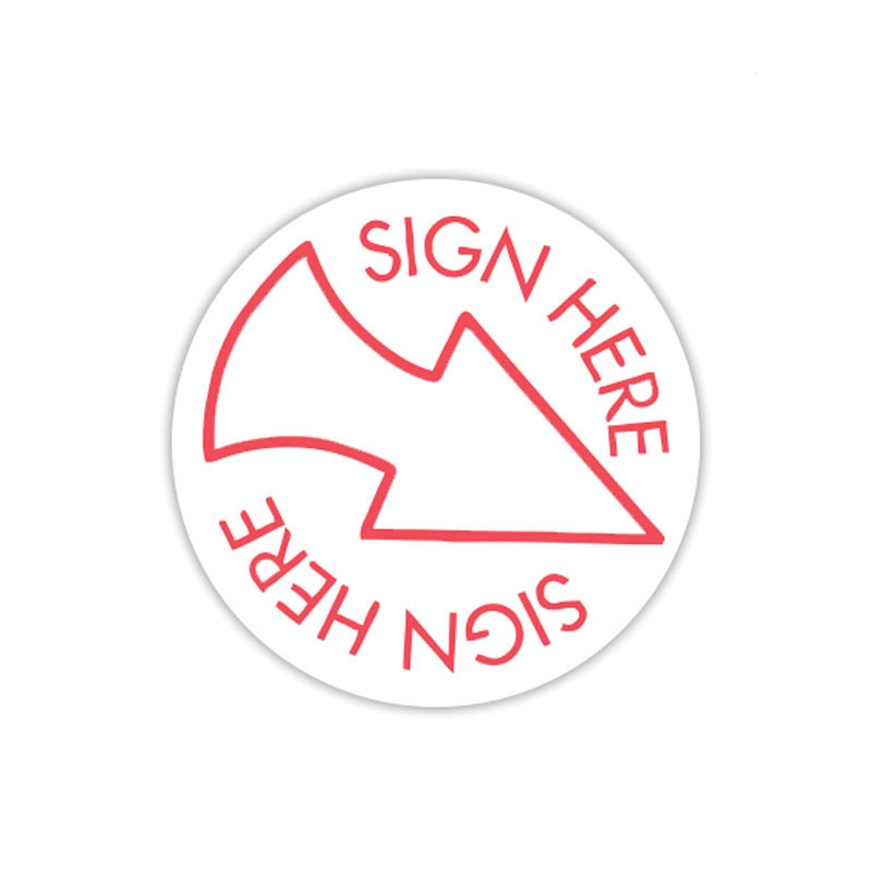 Sign Here with Arrow pre-inked rubber stamp available in red ink with an impression size of 5/8" in diameter. Fast and free shipping on orders over $75!