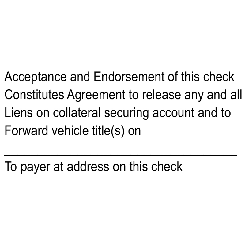 The Shiny 857 1st Checks Accept & Endorse w/ vehicle title stock stamp comes in black only! Refillable. Impression size: 1-1/2" x 3". Free shipping over $75!