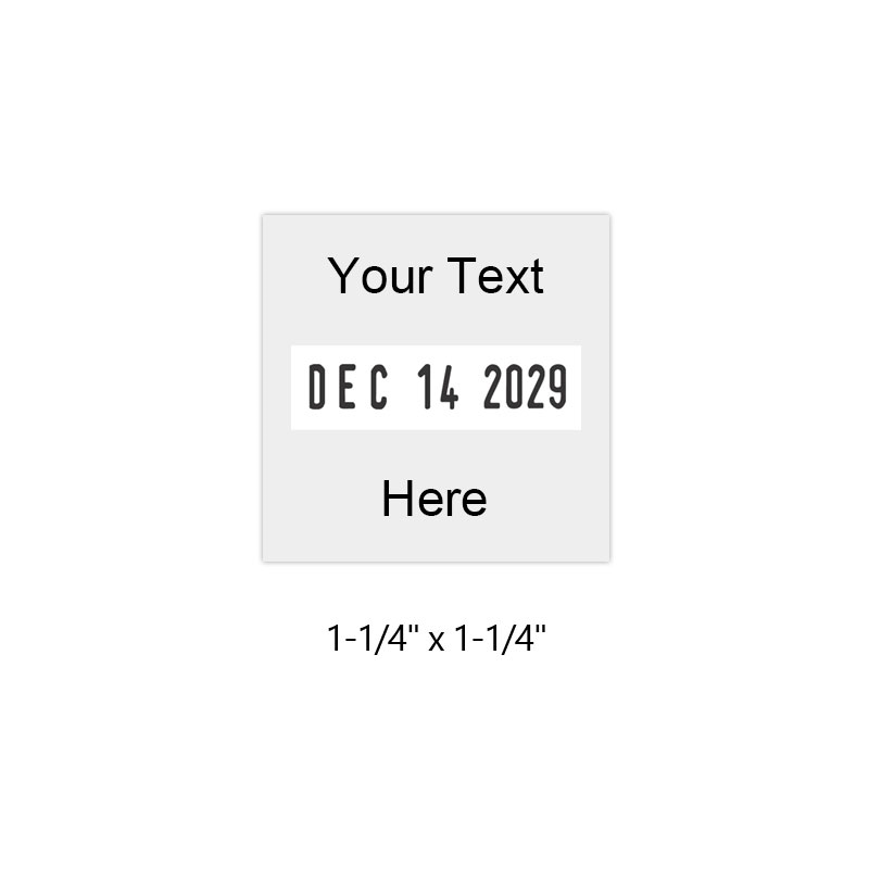 Customize this 1-1/4" x 1-1/4" self-inking Printy date stamp with up to 4 lines of text above and below the date in your choice of 11 ink colors.