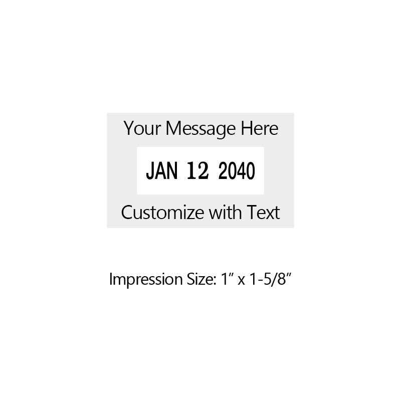 This 1" x 1-5/8" self-inking date stamp can be customized with 1-line of text above and below the date. Choose from of 11 ink colors or a 2-color pad option.