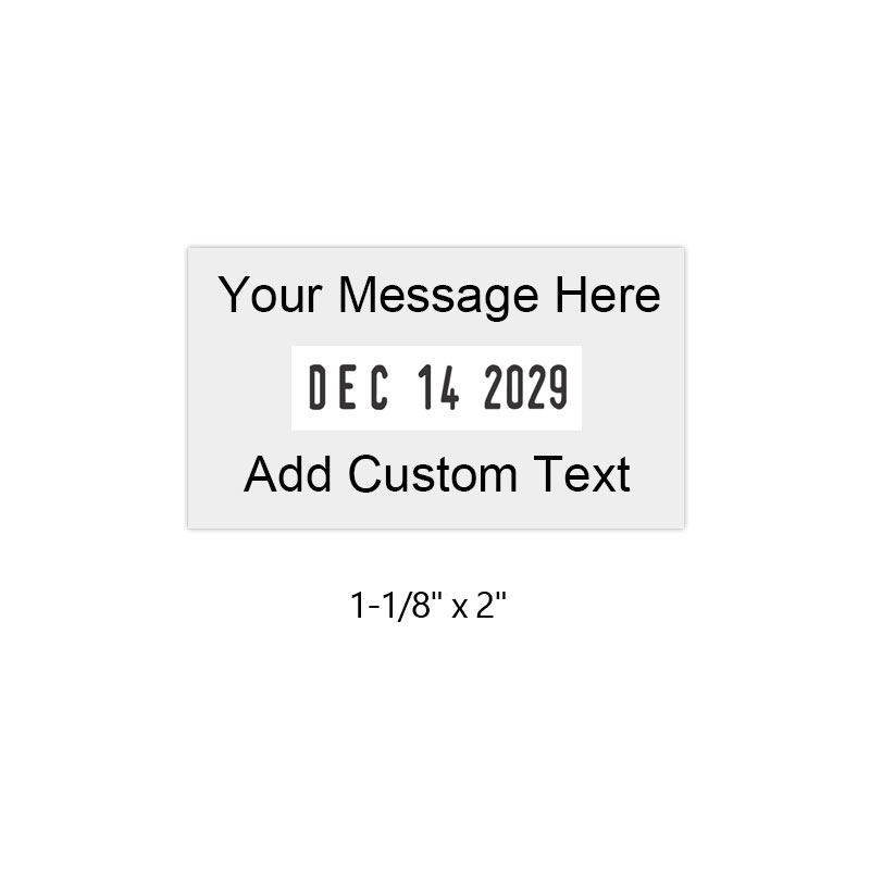 This 1-1/8" x 2" self-inking date stamp has 2-lines of custom text. Choose from 11 vivid ink colors or a 2-color pad option. Refillable and durable.
