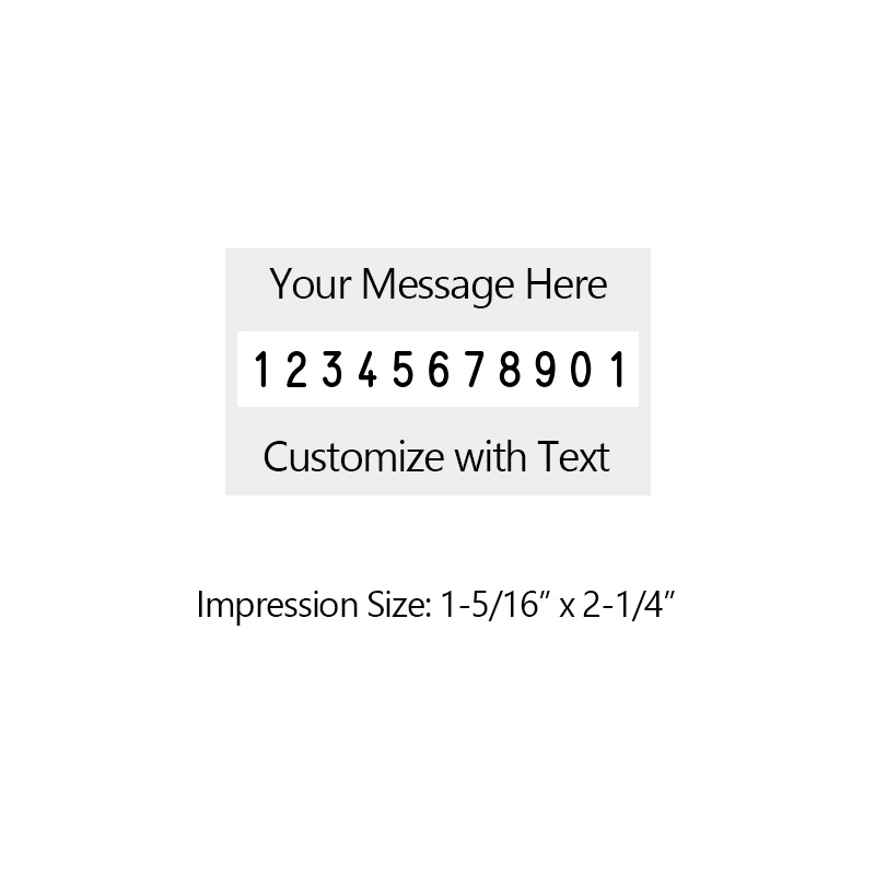 Personalize this 10 band Trodat numberer with up to 4 lines of text. Number height is 3/16" and custom area is 1-5/16" x 2-1/4". Orders over $75 ship free!