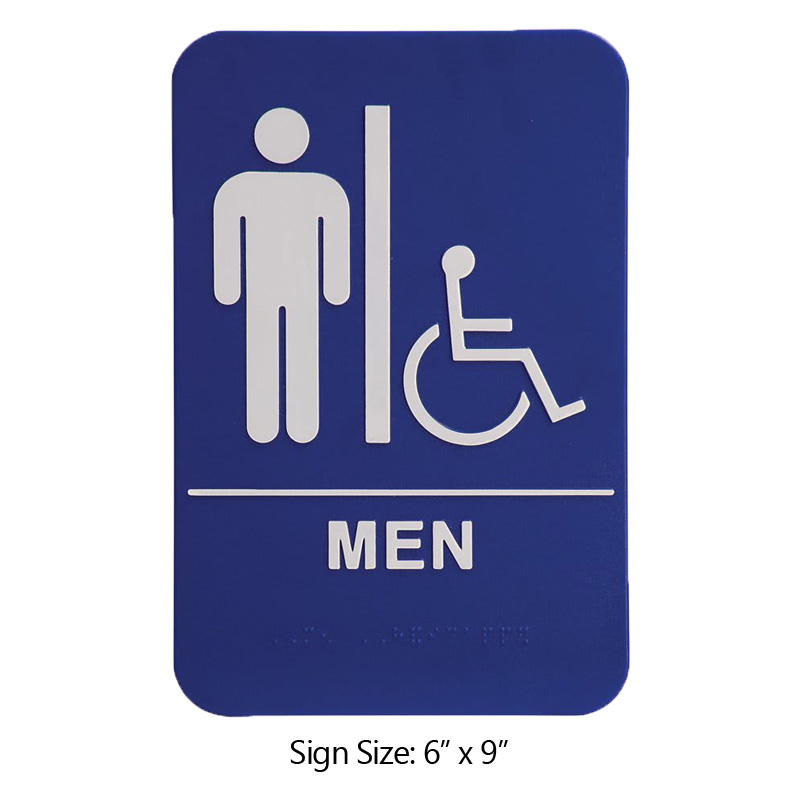 This ADA compliant Men (w/wheelchair) Accessible Restroom sign is 6” x 9” and is 1/8” thick. Comes in blue/black background w/ white engraved letters.