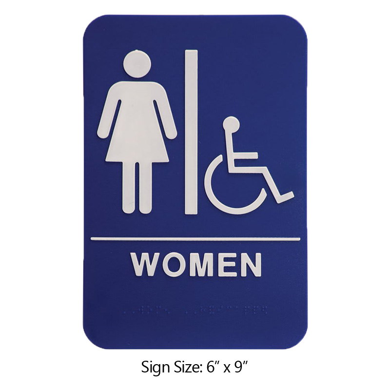 This ADA compliant Women (w/wheelchair) Accessible Restroom sign is 6” x 9” and is 1/8” thick. Comes in blue/black background w/ white engraved letters.