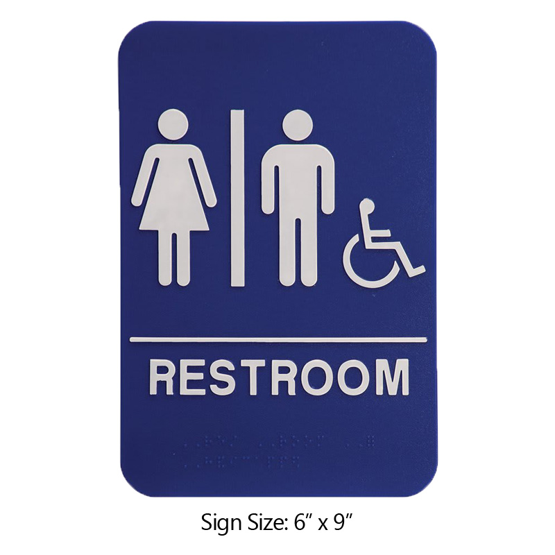 This ADA compliant Unisex (w/wheelchair) Accessible Restroom sign is 6” x 9” and is 1/8” thick. Comes in blue/black background w/ white engraved letters.