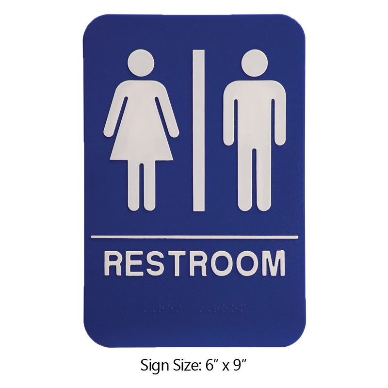 This ADA compliant Unisex Accessible Restroom sign is 6” x 9” and is 1/8” thick. Comes in blue/black background w/ white engraving letters.