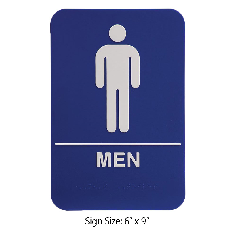 This ADA compliant Men Accessible Restroom sign is 6” x 9” and is 1/8” thick. Comes in blue/black background w/ white engraving letters.