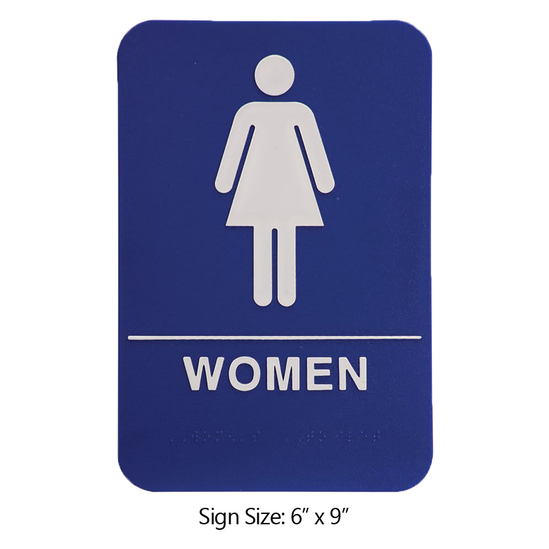 This ADA compliant Women Accessible Restroom sign is 6” x 9” and is 1/8” thick. Comes in blue/black background w/ white engraving letters.