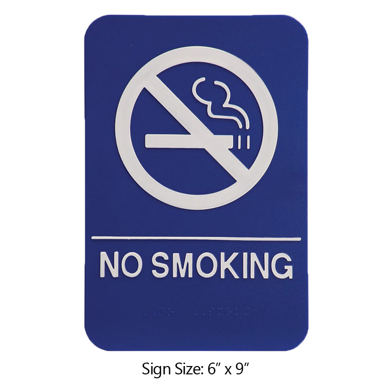 This ADA compliant No Smoking sign is 6” x 9” and is 1/8” thick. Comes in blue/black background w/ white engraving letters. Free shipping on orders over $75.