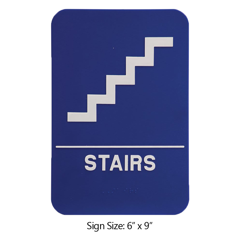 This ADA compliant Stairs sign is 6” x 9” and is 1/8” thick. Comes in blue/black background w/ white engraved letters. Free shipping on orders over $75.