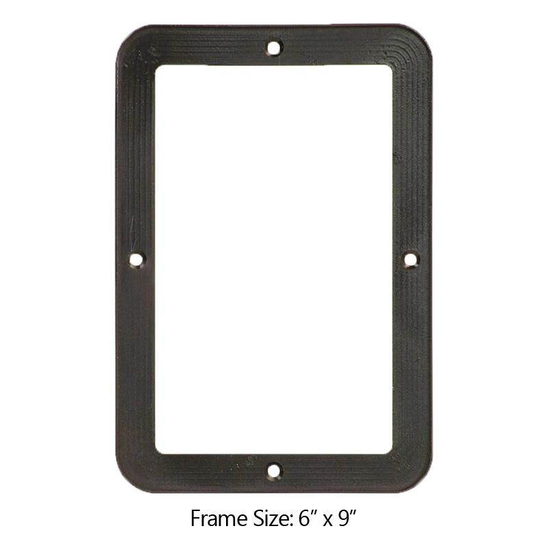 This 6-1/8" x 9-1/8" fits any 6" x 9" ADA sign. Mount into wall using four 3/16" holes centered on each side of frame, screws sold separately.