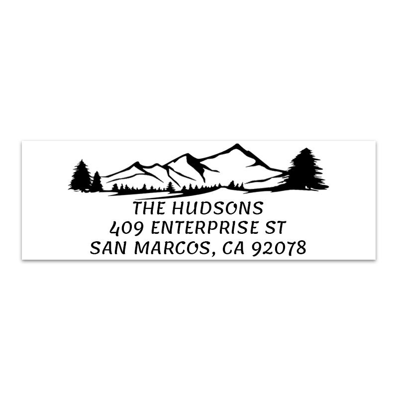 This mountain scene address stamp is customizable w/ 3 lines of text. Choose from 4 stamp mounts & 11 ink color options. Fast & free shipping on orders over $75!