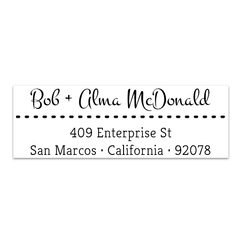 This bold dash line address stamp has 3 lines of customizable text, 4 stamp mount options and 11 inks to choose from. Fast and free shipping on all orders over $75!