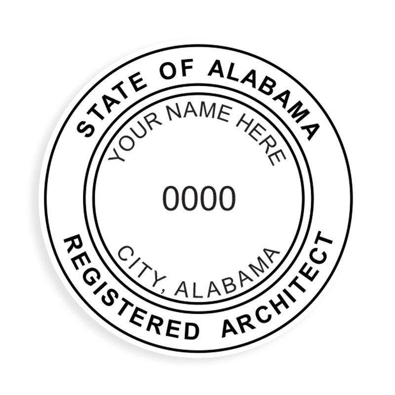 This professional architect stamp for the state of Alabama adheres to state regulations and provides top quality impressions. Orders over $75 ship free.