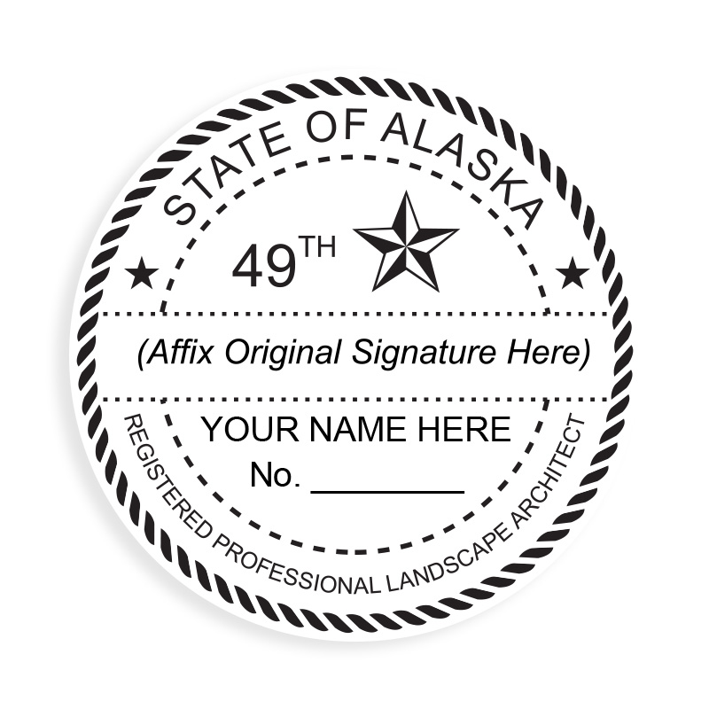 This professional landscape architect stamp for the state of Alaska adheres to state regulations and provides top quality impressions. Orders over $75 ship free.