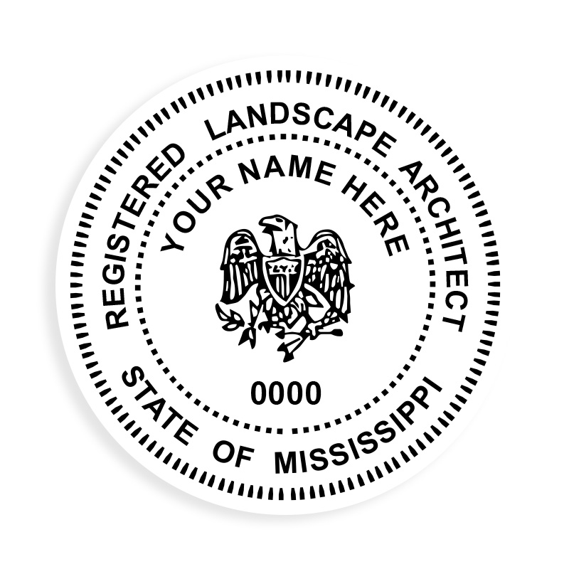 This professional landscape architect stamp for the state of Mississippi adheres to state regulations & provides top quality impressions. Orders over $75 ship free.