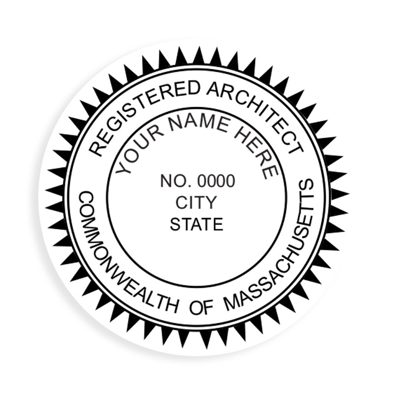 This professional architect stamp for the state of Massachusetts adheres to state regulations and provides top quality impressions. Orders over $75 ship free.