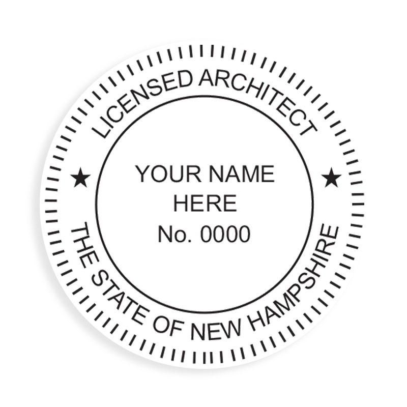 This professional architect stamp for the state of New Hampshire adheres to state regulations and provides top quality impressions. Orders over $75 ship free.