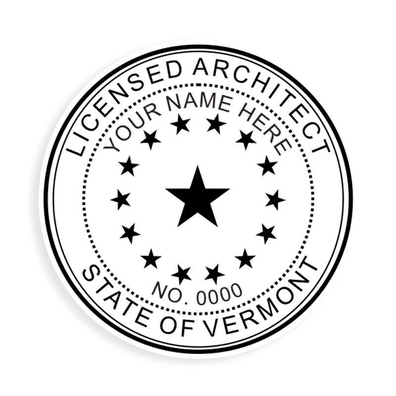 This professional architect stamp for the state of Vermont adheres to state regulations and makes top quality impressions. Orders over $100 ship free.