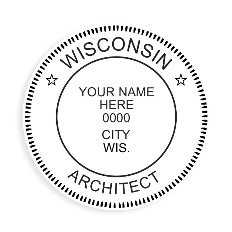 This professional architect stamp for the state of Wisconsin adheres to state regulations and makes top quality impressions. Orders over $75 ship free.