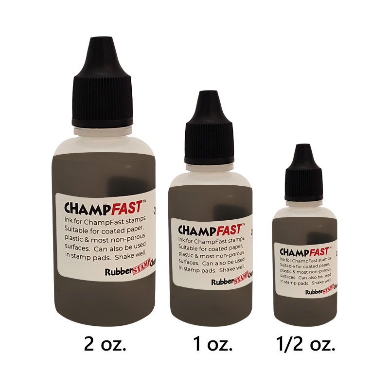 The ChampFast quick-dry refill ink is ideal for use on non-porous surfaces like glossy paper, plastics and metal. Available in 3 ink colors and 3 bottle sizes!