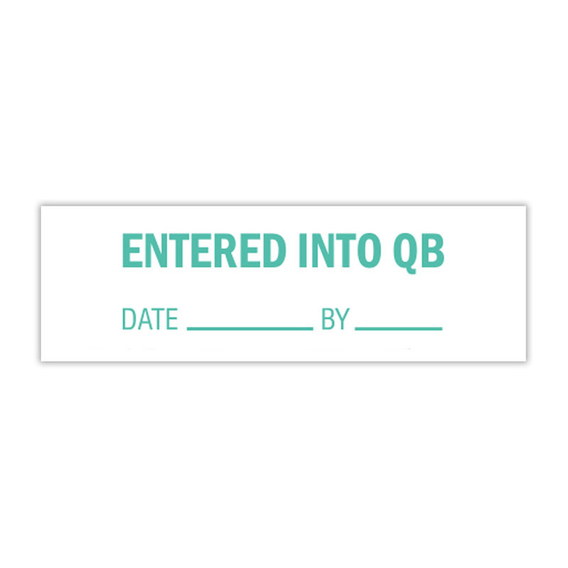 This ENTERED INTO QB self-inking stock stamp can be ordered in one of 4 sizes & your choice of 5 regular and 6 premium ink colors. Orders over $100 ship free!