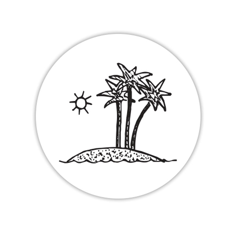 Palm tree on an island self-inking rubber stamp available in your choice of 4 sizes and 11 ink colors. Refillable with Ideal ink. Orders over $100 ship free.