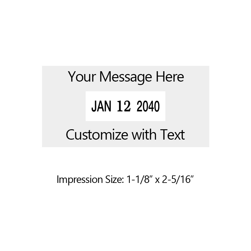 Metal core 1-1/8 x 2-5/16 custom self-inking changeable date stamp suitable for heavy use. 11 ink colors to choose from w/ free shipping over $75!