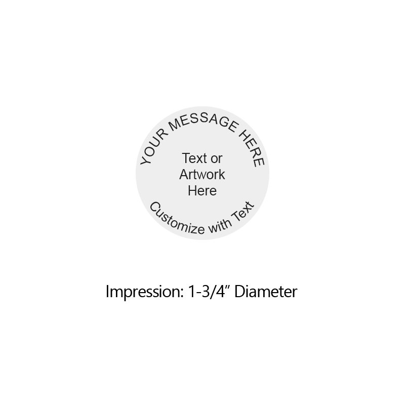 Customize this 1-3/4" diameter round stamp for free w/ text or your logo in your choice of 6 vibrant ink colors. Refillable and ships in 1-2 business days.