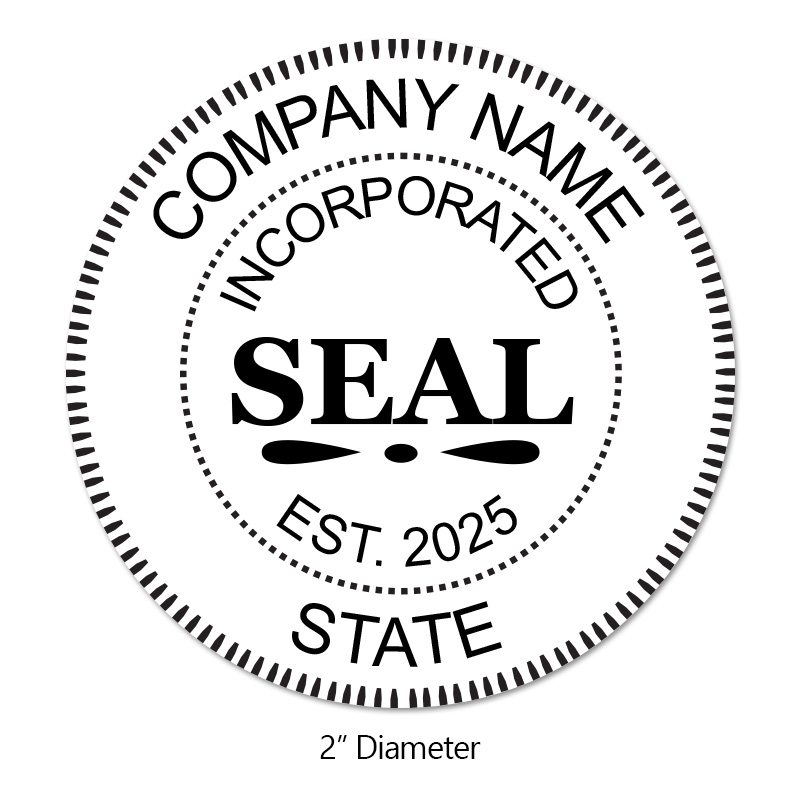 Customize this 2" Incorporated Round Stamp with your company name, date established, and state of business & choose from 6 mounts. Orders over $75 ship free!