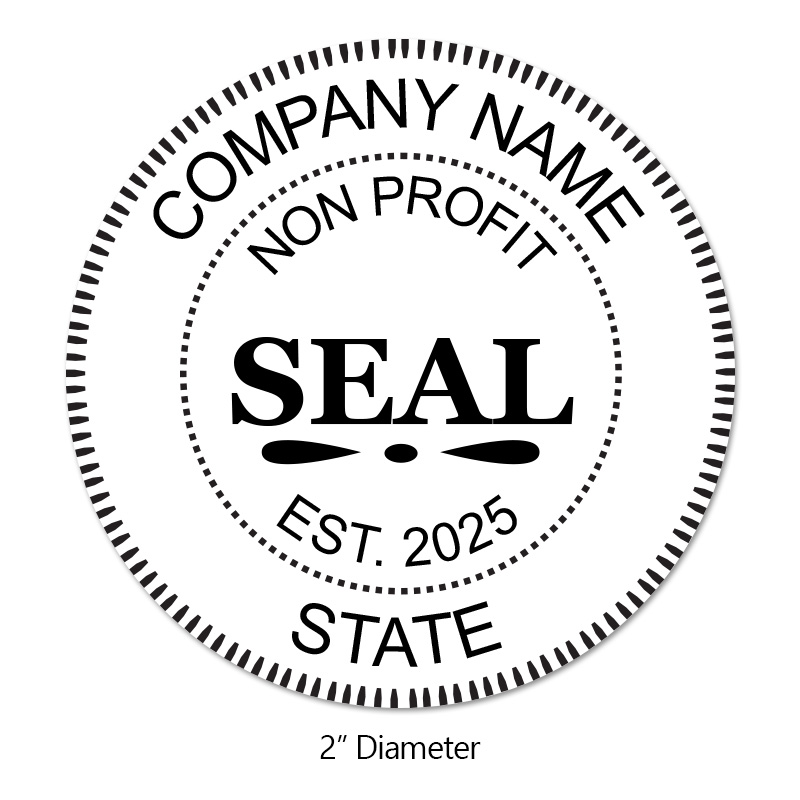 Customize this 2" Non Profit Round Stamp with your company name, date established, and state of business and choose from 6 mounts. Orders over $75 ship free!