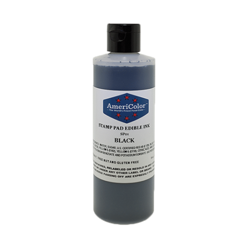 Edible ink for use on eggs, cheese, fondant, cookies, and any firm food surface. Available in black ink with 2 bottle size options. Made in the USA.