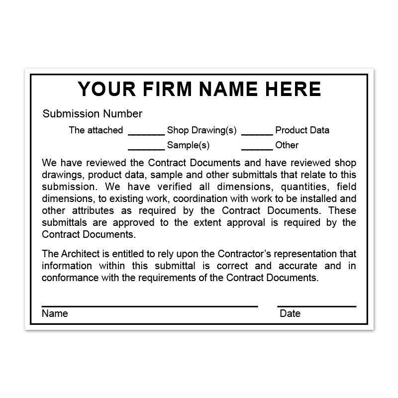 Customize this Architect Submission stamp with your firm name or logo. Choose from 3 stamp mount options. Easy order and free shipping on orders over $75!