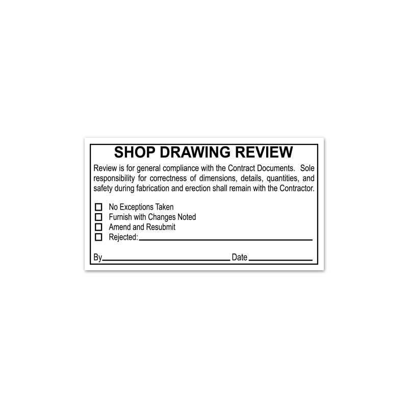 This stock Shop Drawing Review stamp is ideal for engineers, architects or contractors for use on plans/documents. 3 Mount options. Orders over $75 ship free!