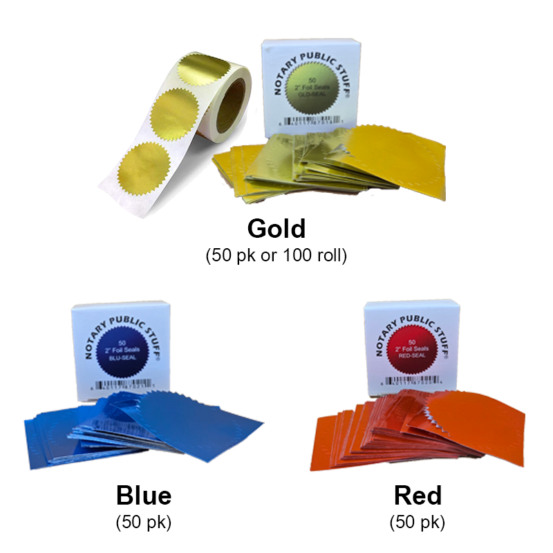 These foil embossing seals come in 50/pk and great for professional documents. Easy peel & stick backing w/ three color options. Orders over $100 ship free!
